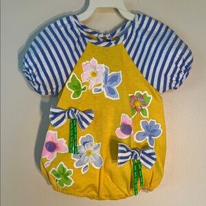 Vintage Striped Blue and Yellow Floral Kids One Piece Bubble